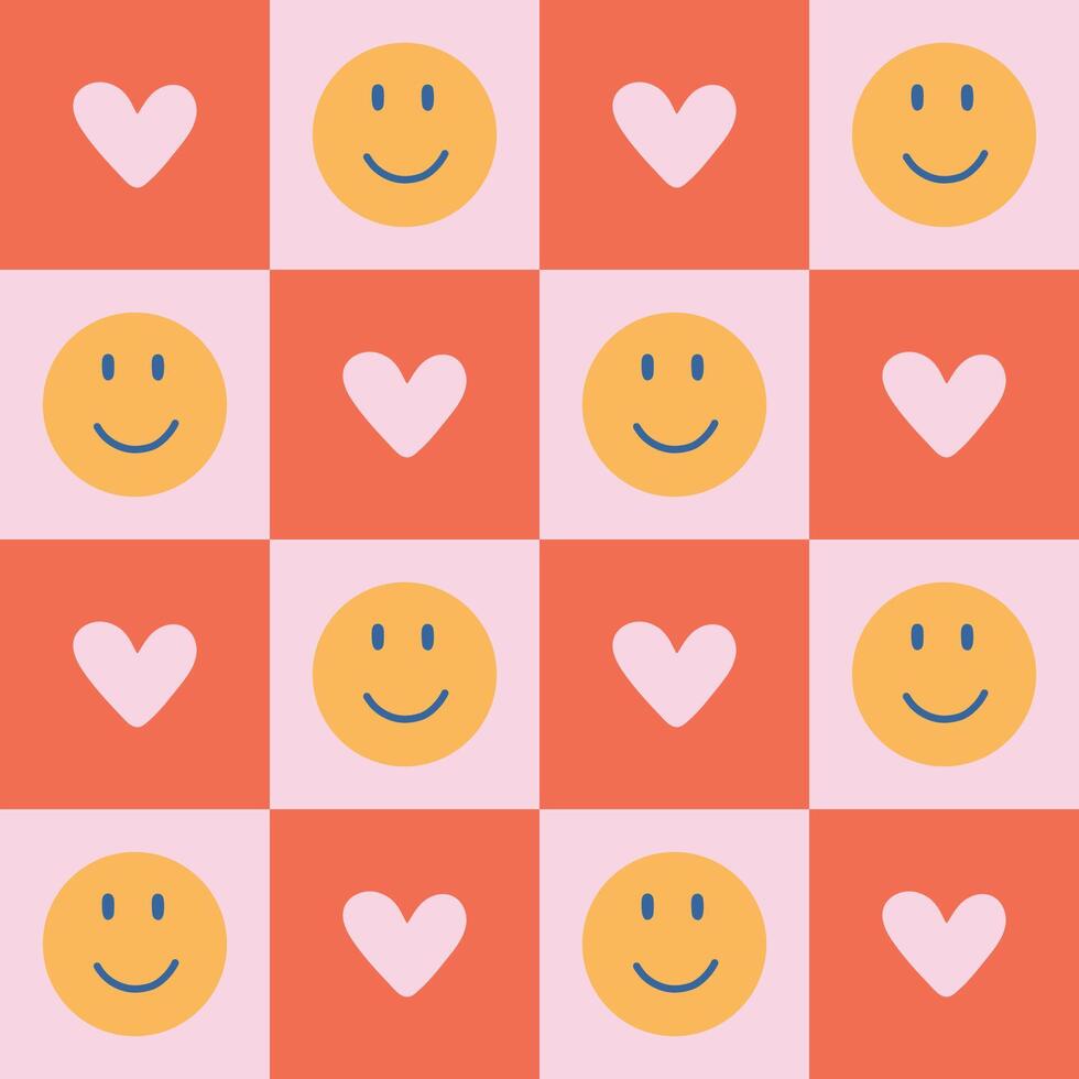 World Smile Day. Retro love seamless pattern. Vintage checkerboard background with hearts and smiling faces. Cool funky print. vector