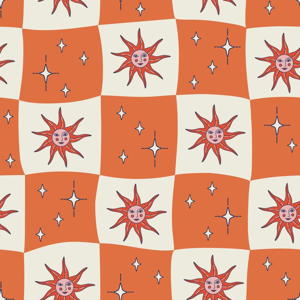 Psychedelic Sun seamless pattern. Retro style background with mystical Sun and stars on checkered backdrop. Hand drawn illustration. vector