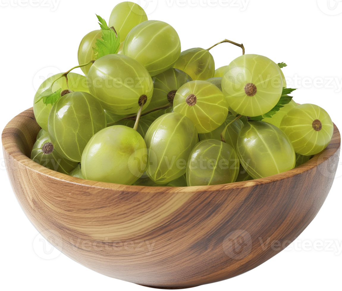 Gooseberries in a wooden bowl isolated on a transparent background png