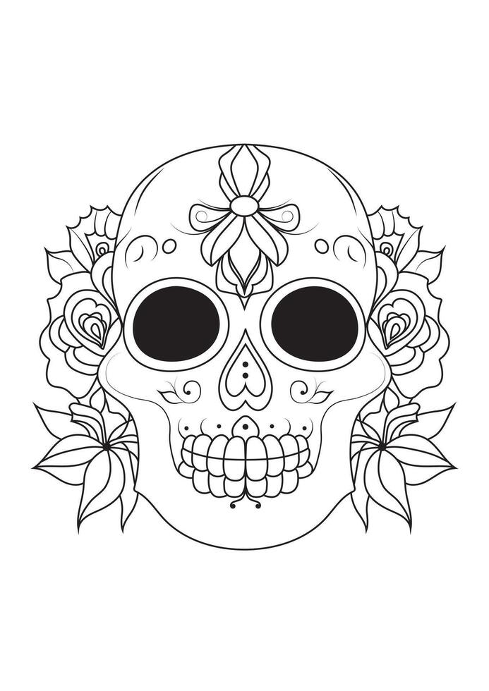 Sugar Skull, Day of the Dead. A contour drawing of a skull decorated with flowers. A Mexican holiday. vector