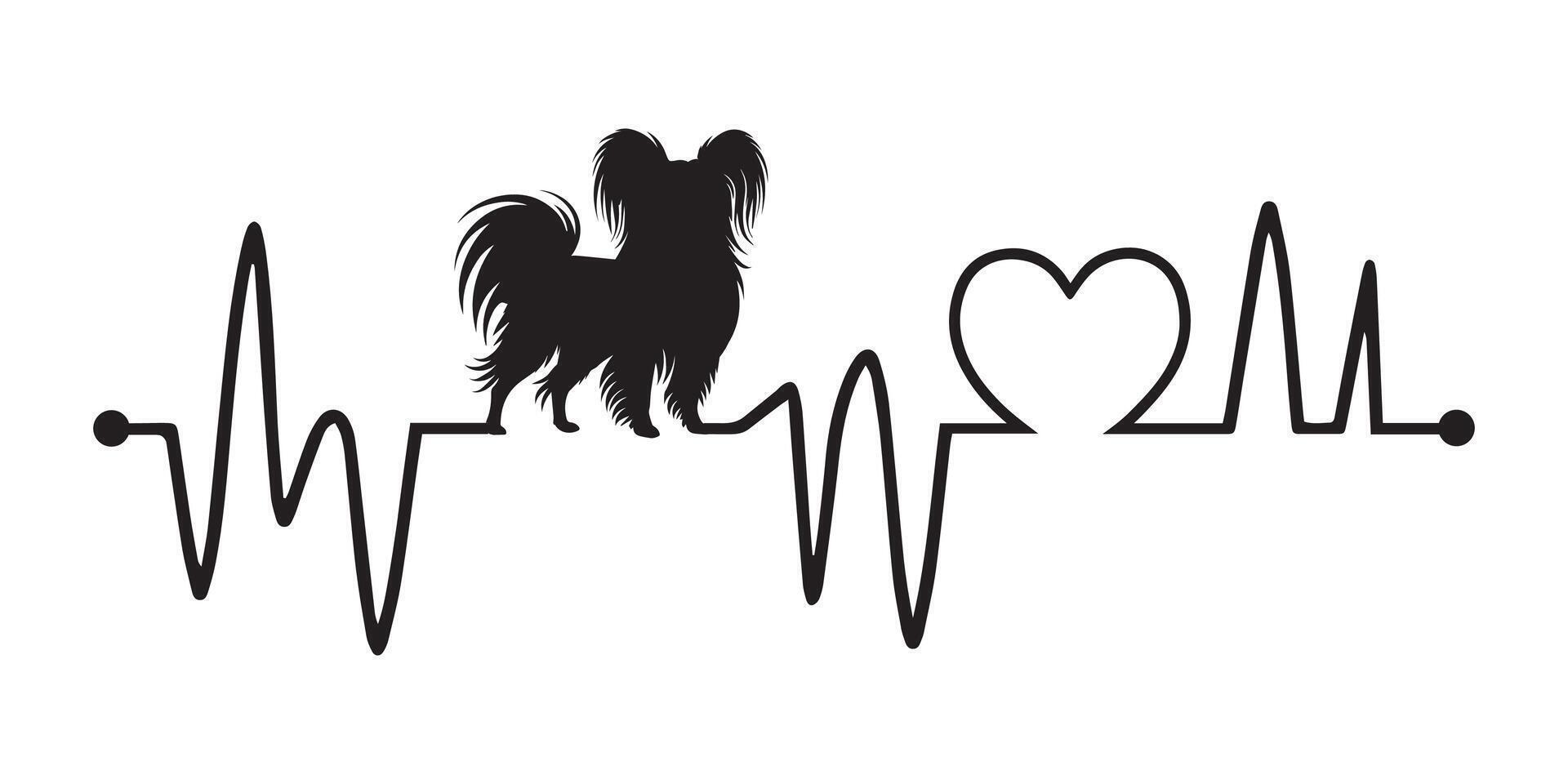 Heartbeat line with Papillon Dog silhouette, Dog and Heartbeat frequency wave with Heart Love illustration vector