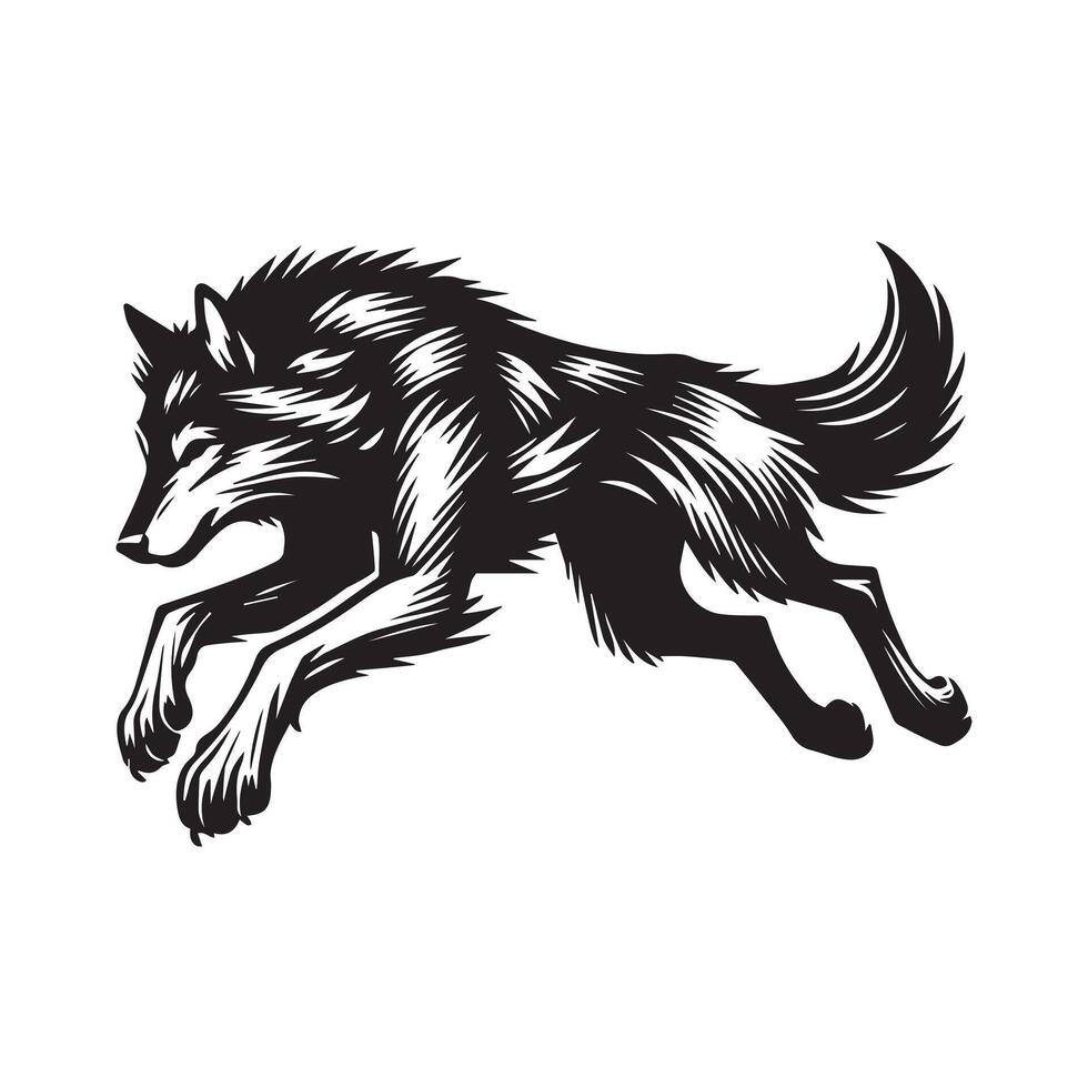 Wolf silhouette Design - A Wolf Pouncing illustration in black and white vector