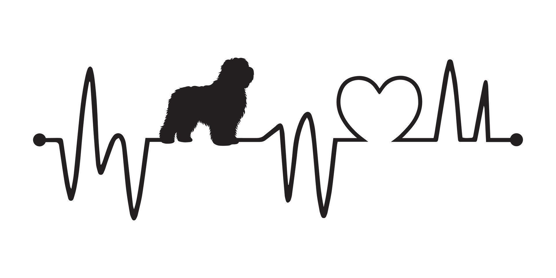 Heartbeat line with Old English Sheepdog Dog silhouette, Dog and Heartbeat frequency wave with Heart Love illustration vector