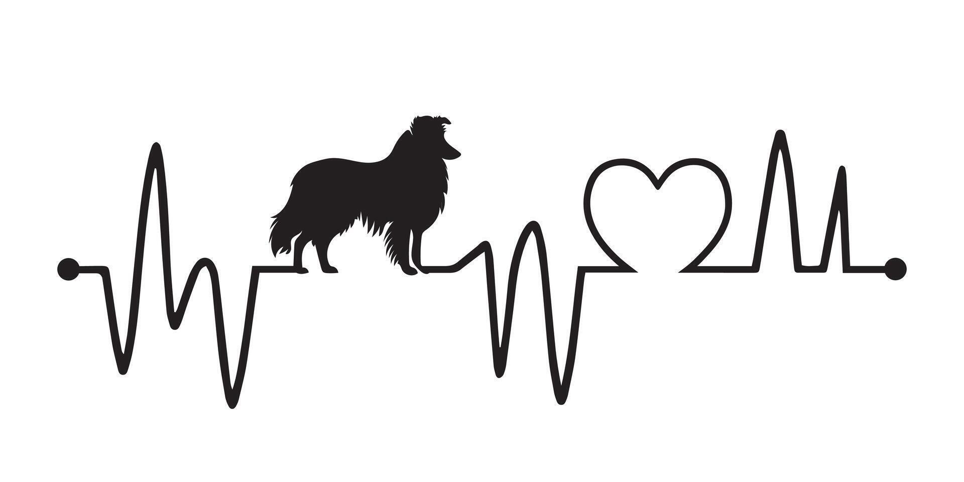 Heartbeat line with Collie Dog silhouette, Dog and Heartbeat frequency wave with Heart Love illustration vector