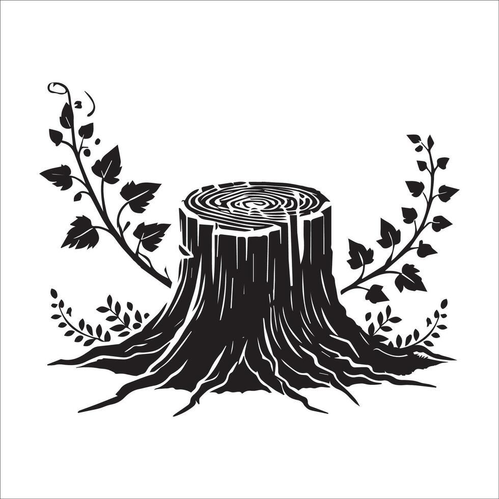 Tree Stump Clipart - A tree stump with vines and leaves illustration in black and white vector