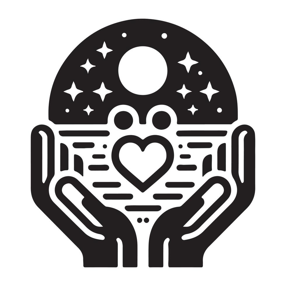 Community Growth Illustration with Hands, Heart, Plants, and Stars in Black and White Abstract Design vector