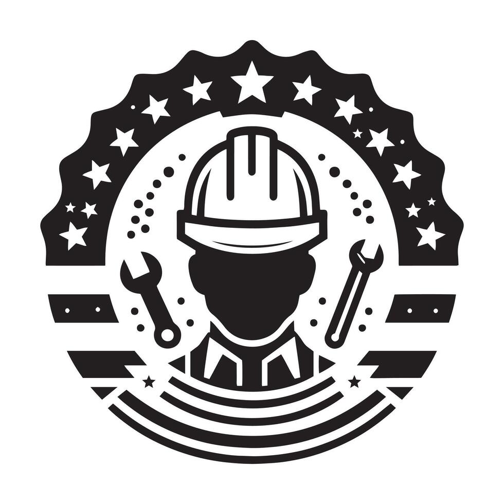 Construction Worker Icon with Hard Hat and Tools - Black and White Illustration Emphasizing Industrial Strength and Skilled Labor vector
