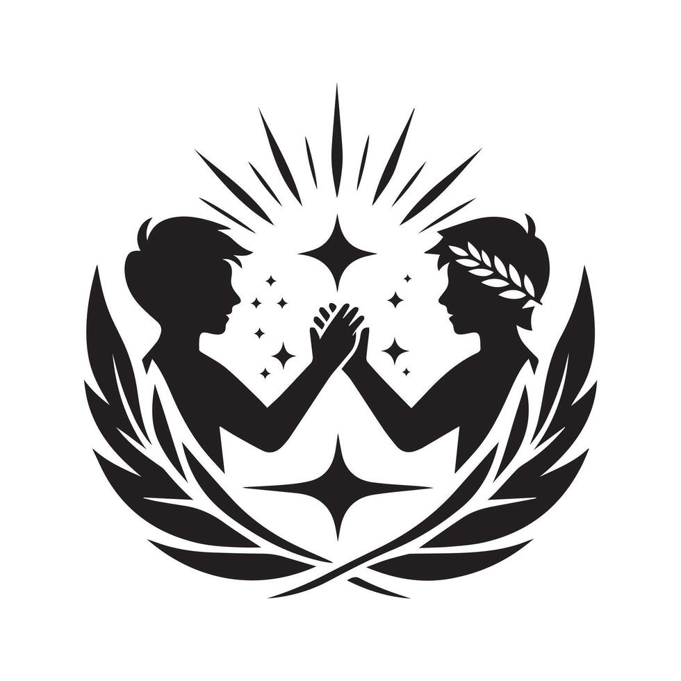 Abstract Friendship Emblem with Laurel Wreath, Two Women, Dove, and Heart Symbol in Black and White vector