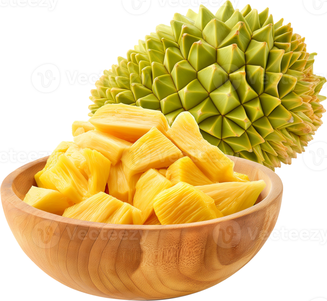 Jackfruit fruit illustration - Jackfruit pulp in a wooden bowl isolated on a transparent background png