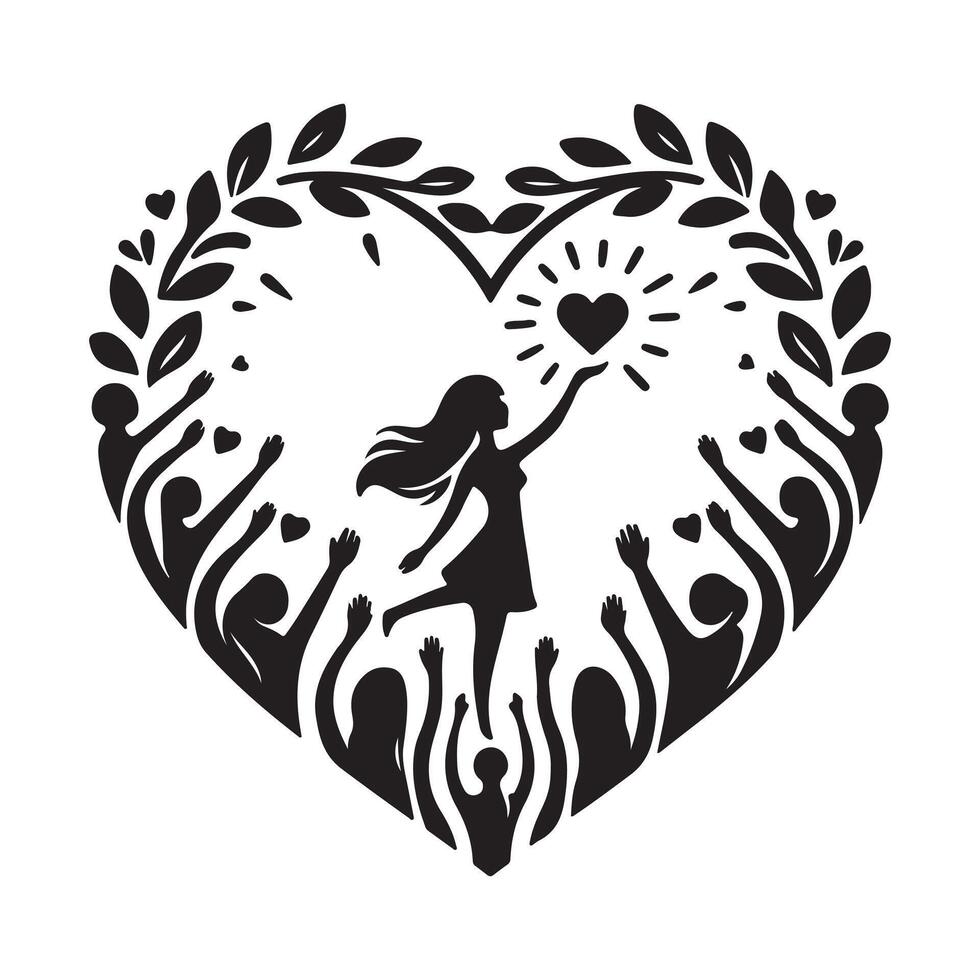 Heart-Shaped Community Unity Silhouetted People Embracing Love and Togetherness in a Symbolic Design vector