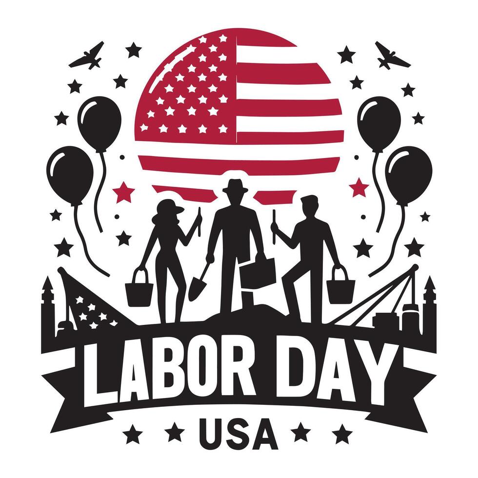 Silhouettes of Workers Celebrating with American Flags and Balloons vector