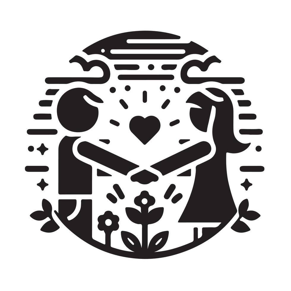 Abstract Friendship Emblem with Laurel Wreath, Two Women, Dove, and Heart Symbol in Black and White vector
