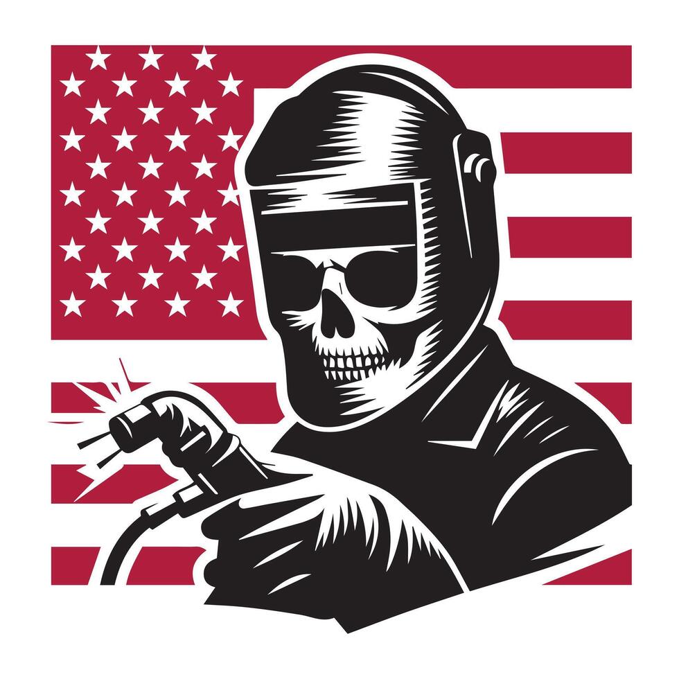 Patriotic Skull Welder with American Flag Background - Bold Black and Red Illustration vector