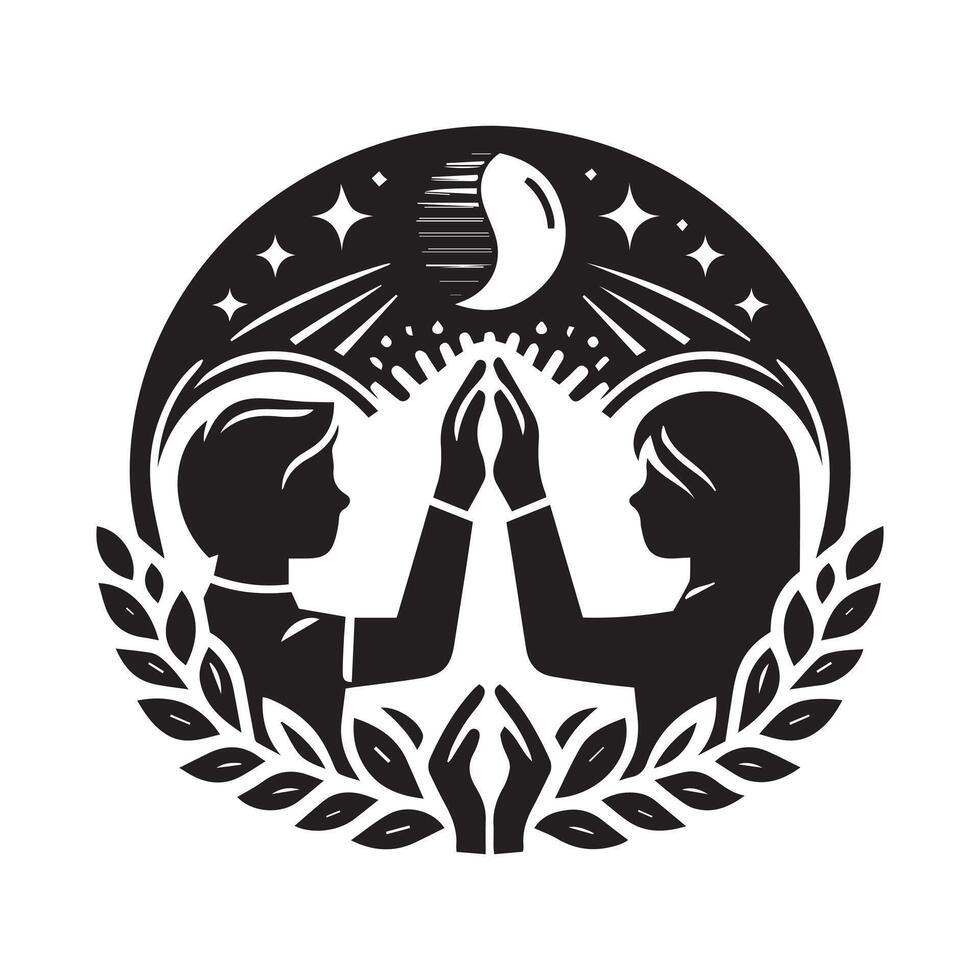 Abstract Friendship Emblem with Laurel Wreath, Two Women, Dove, and Heart Symbol in Black and White vector