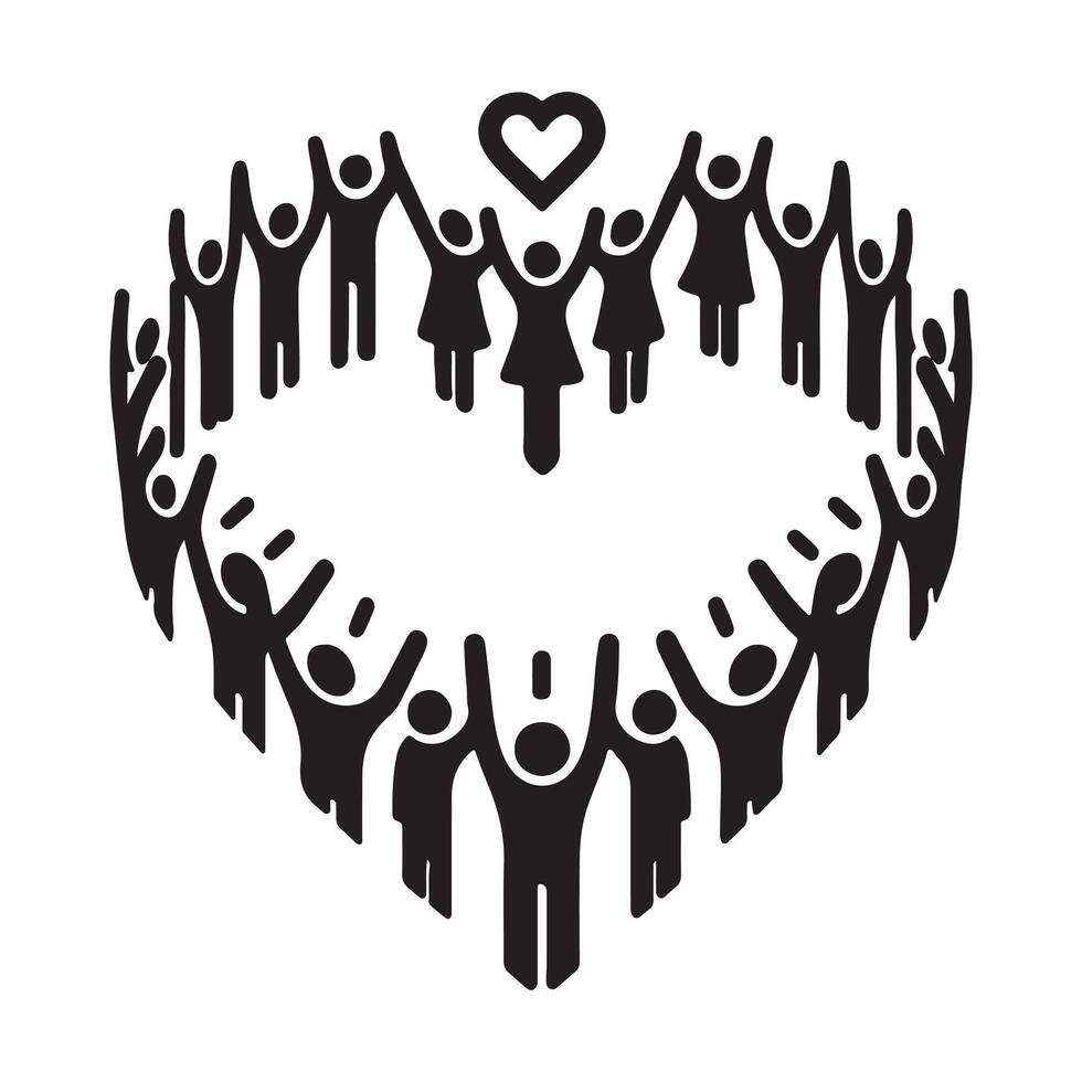 Heart-Shaped Community Unity Silhouetted People Embracing Love and Togetherness in a Symbolic Design vector