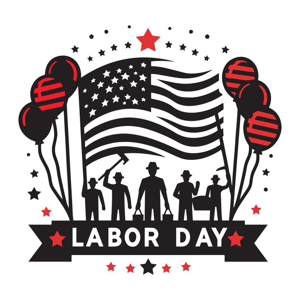 Silhouettes of Workers Celebrating with American Flags and Balloons vector