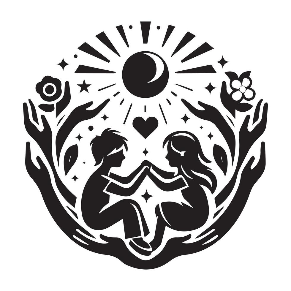 Abstract Friendship Emblem with Laurel Wreath Two Women Dove and Heart Symbol in Black silhouette vector