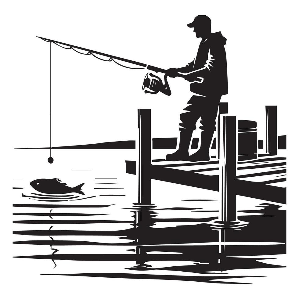 Fishing Silhouette Clipart - A fisherman on a dock with a fishing rod illustration in black and white vector