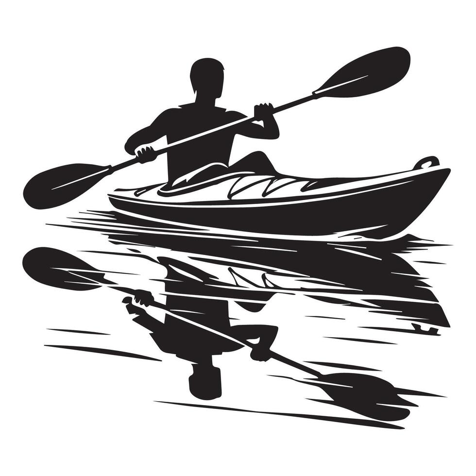 Kayak silhouette - kayaker rowing - kayaking sports adventure - Kayak Boat Clipart illustration in black and white vector