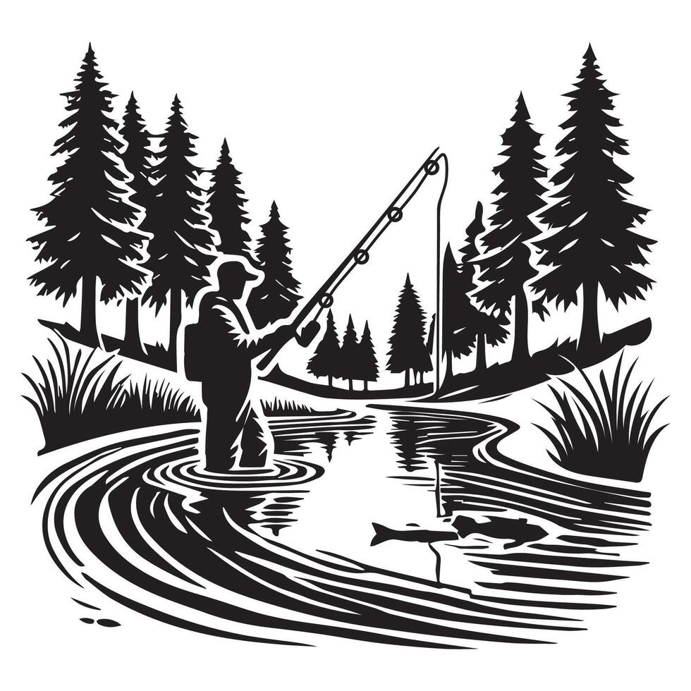 Fishing Silhouette Clipart - A fisherman standing in a stream illustration in black and white vector