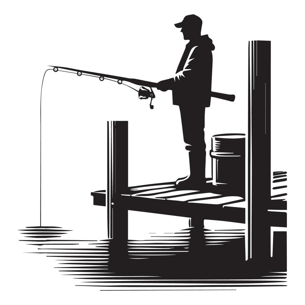 Fishing Silhouette Clipart - A fisherman on a dock with a fishing rod illustration in black and white vector