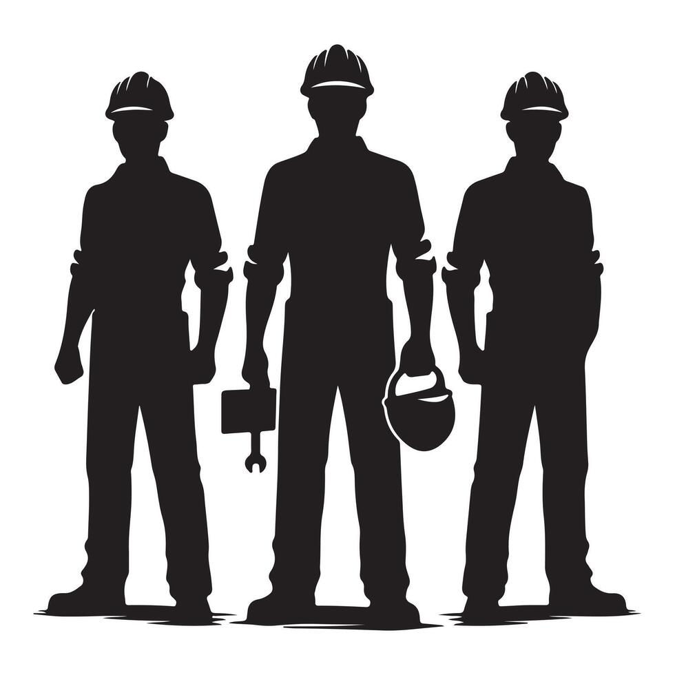 Silhouettes of Construction Workers with Tools and Hard Hats vector