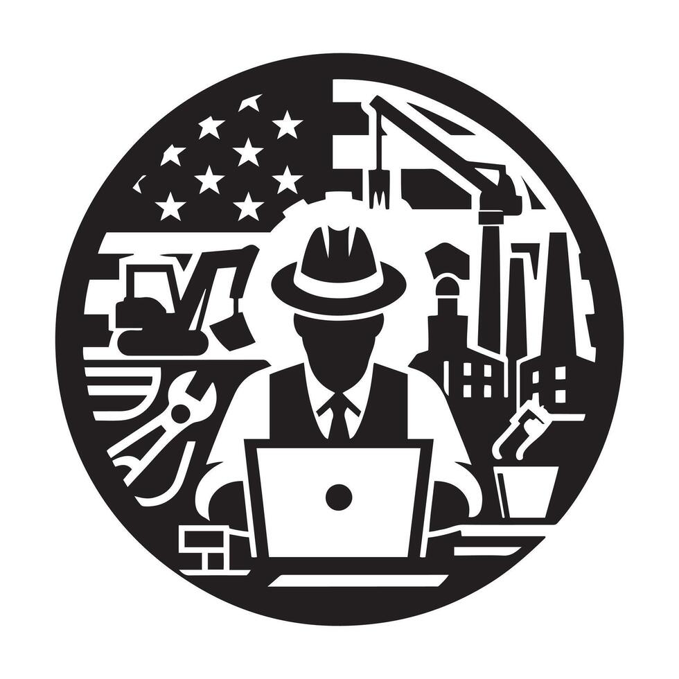 Business and Industry Icon with Worker at Laptop and American Flag - Black and White Illustration Symbolizing Modern Industrial Labor and Technology vector