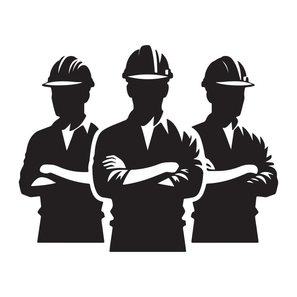 Three Construction Workers Silhouette with Hardhats vector
