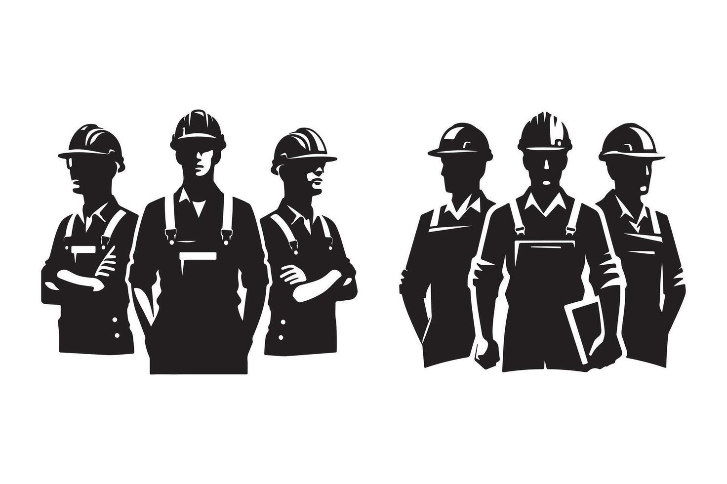 Silhouettes of Construction Workers with Tools and Hard Hats vector