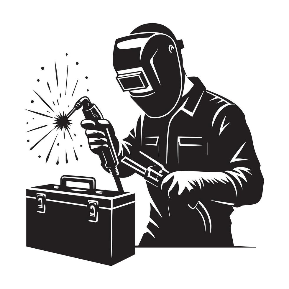 Welder at Work with Safety Gear and Toolbox vector