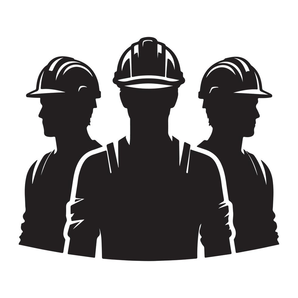 Three Construction Workers Silhouette with Hardhats vector