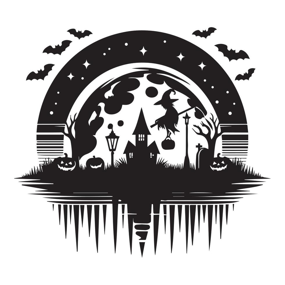 Halloween scene with haunted house, jack-o'-lantern, and bats, moon night with art illustration. vector