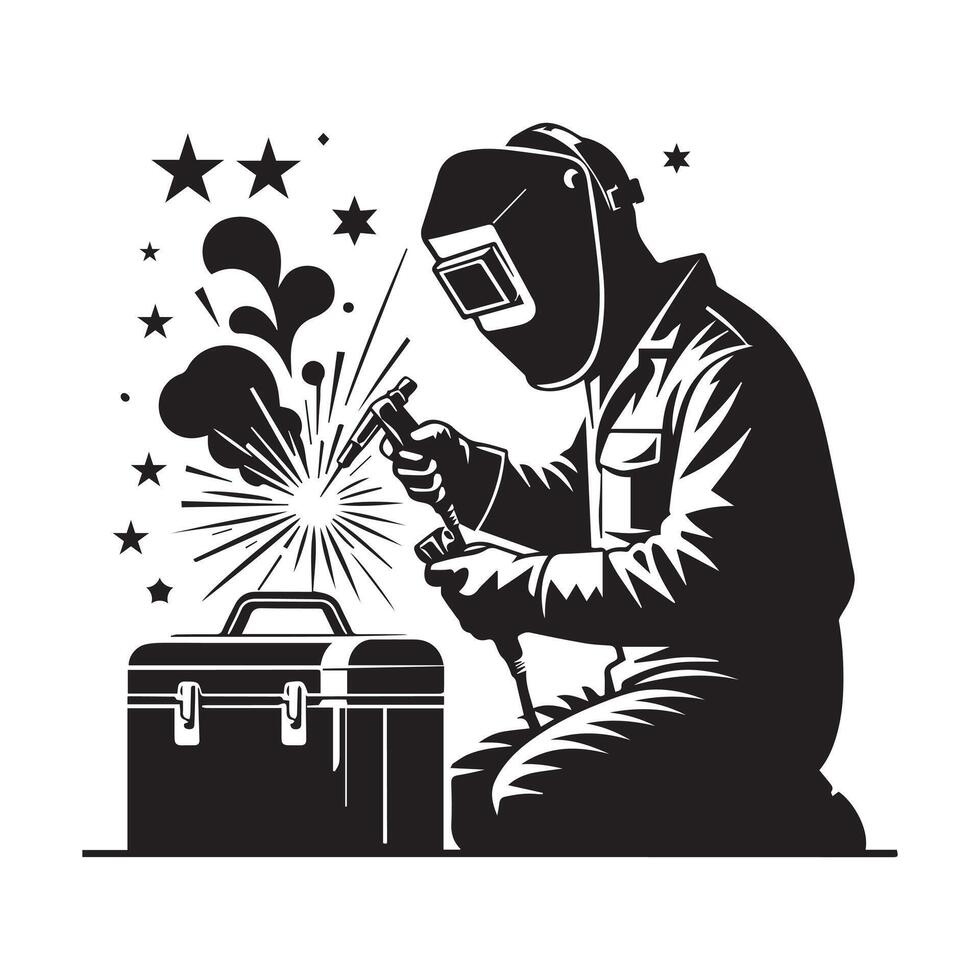 Welder at Work with Safety Gear and Toolbox vector