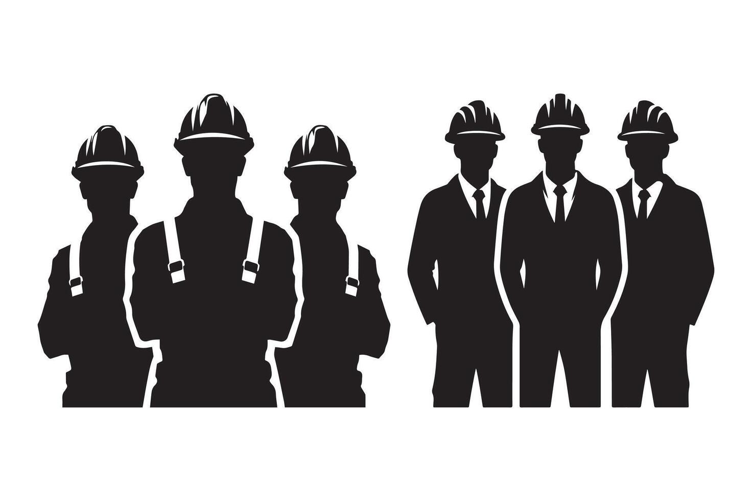 Silhouettes of Construction Workers with Tools and Hard Hats vector