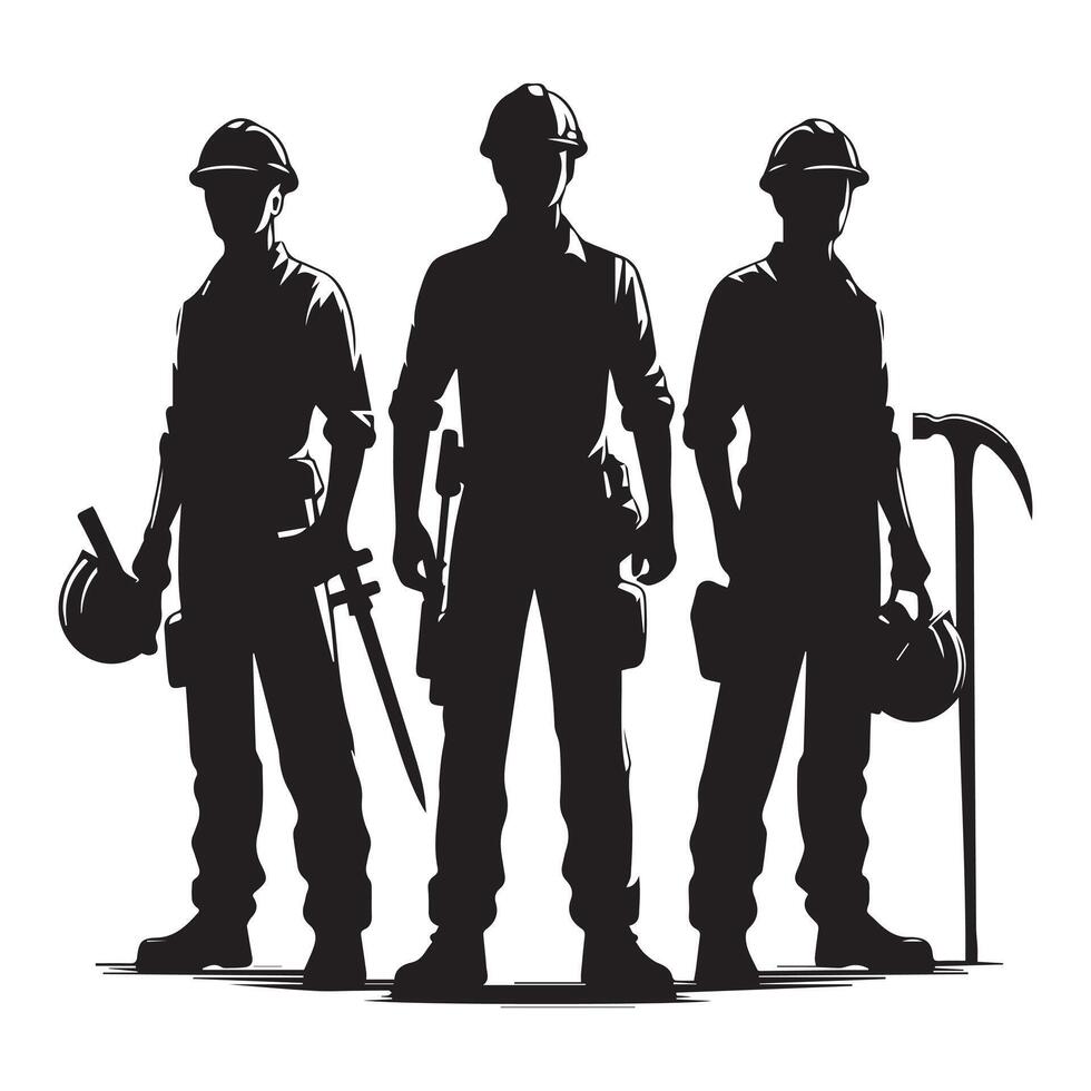 Silhouettes of Construction Workers with Tools and Hard Hats vector