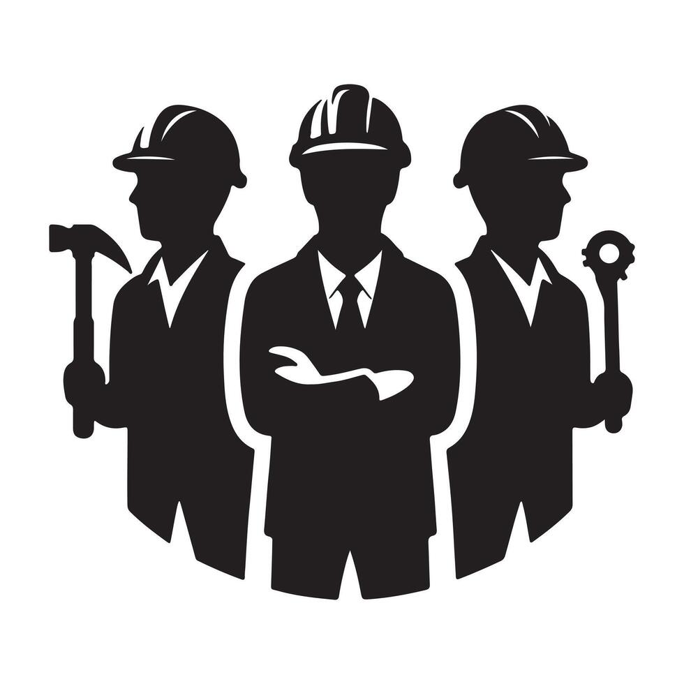 Three Construction Workers Silhouette with Hardhats vector