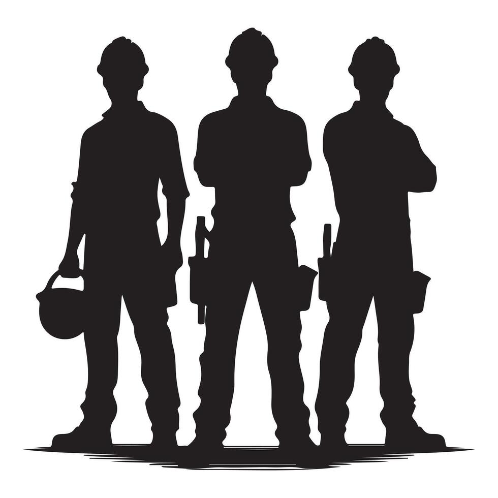 Silhouettes of Construction Workers with Tools and Hard Hats vector