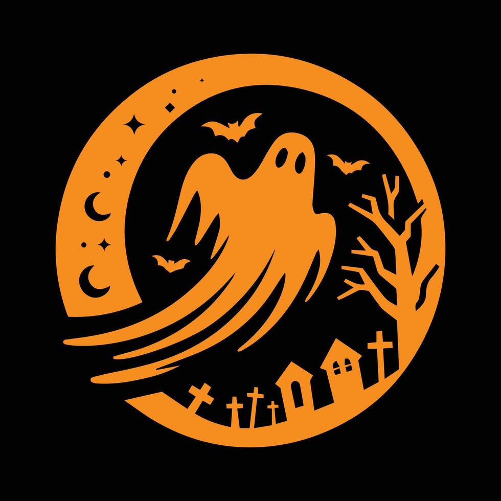 Halloween ghost illustration with bats and cemetery black silhouette, illustration art vector