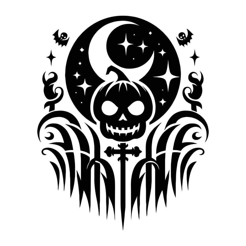 Halloween illustration with skull, moon, and bats, black silhouette vector