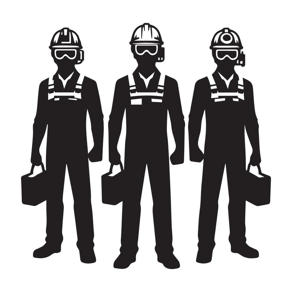 Silhouettes of Construction Workers with Tools and Hard Hats vector