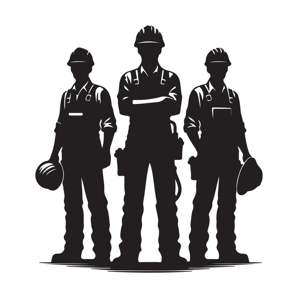 Silhouettes of Construction Workers with Tools and Hard Hats vector