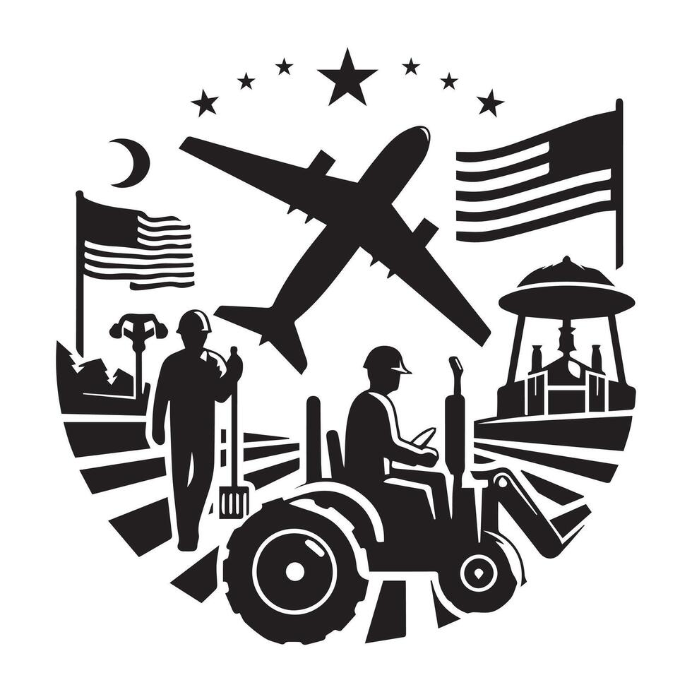 Labor Day Celebration Icon with Construction Worker, Tractor, and Airplane - Black and White Illustration vector