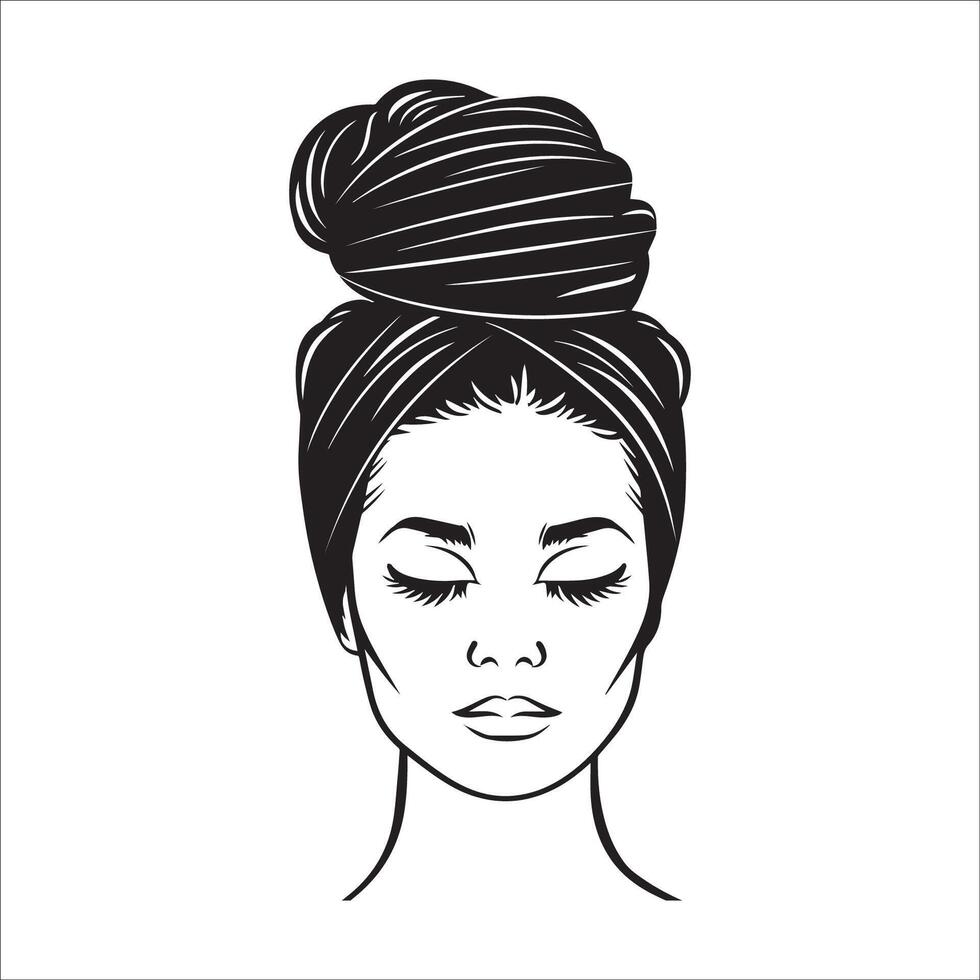Messy Bun hair with face illustration in black and white vector
