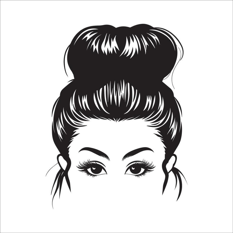 Messy Bun hair with face illustration in black and white vector