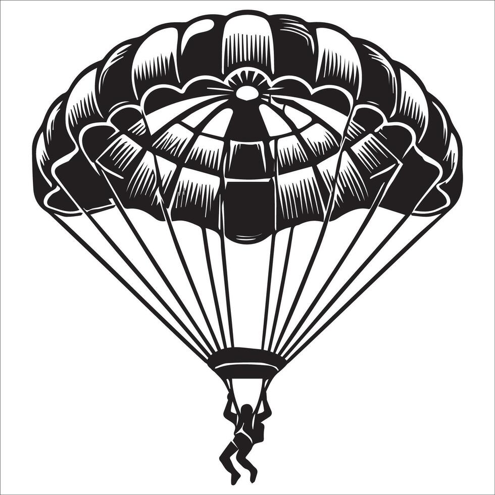 Parachuting jumping adventure illustration - parachute man silhouette - Skydiving Clipart in black and white vector