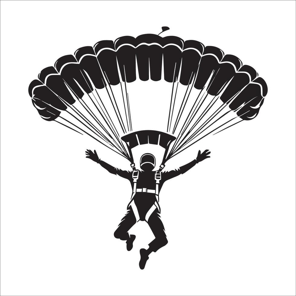 Parachuting jumping adventure illustration - parachute man silhouette - Skydiving Clipart in black and white vector