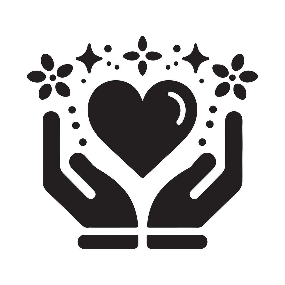Community Growth Illustration with Hands Heart Plants and Stars in Black and White Abstract vector