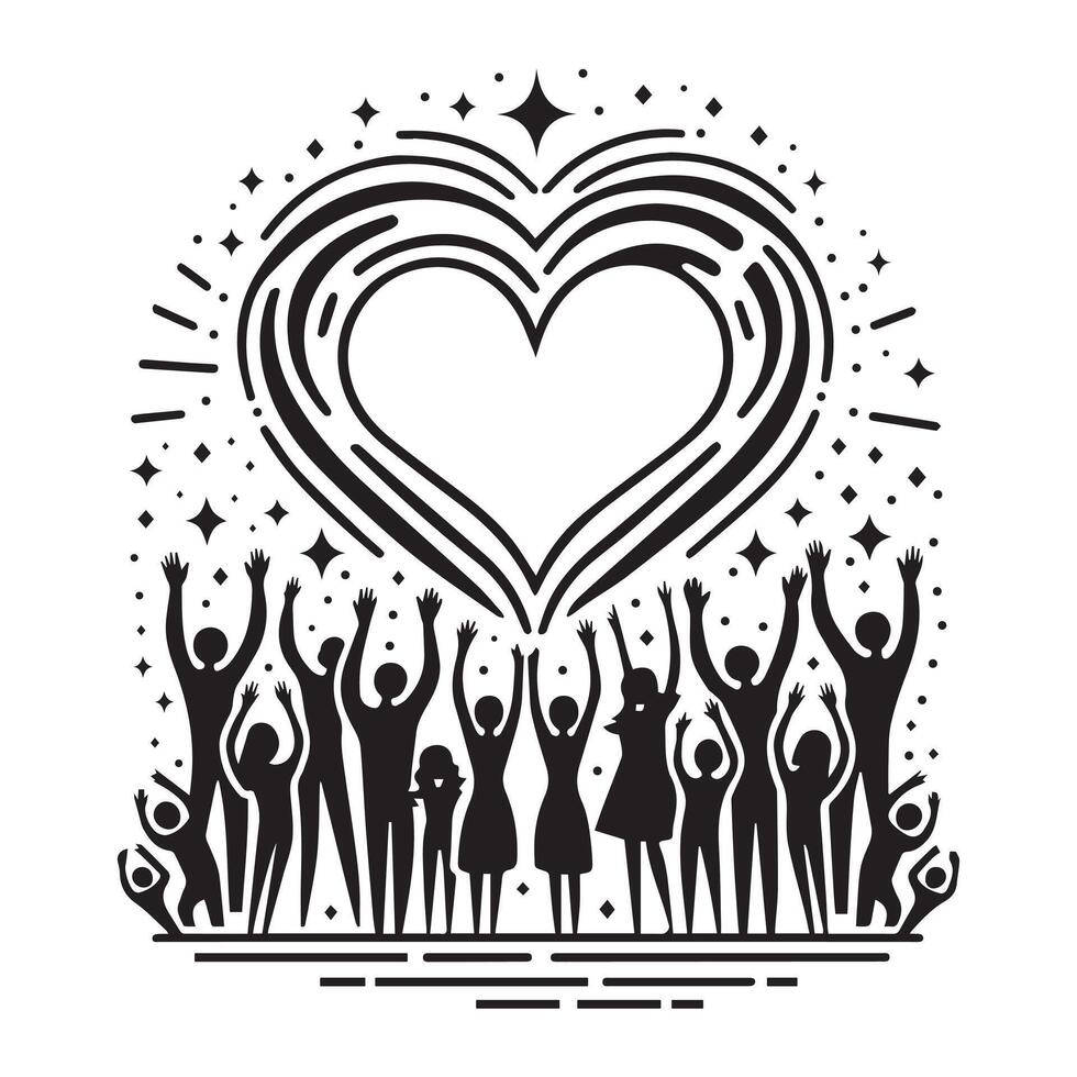 Heart-Shaped Community Unity Silhouetted People Embracing Love and Togetherness in a Symbolic Design vector