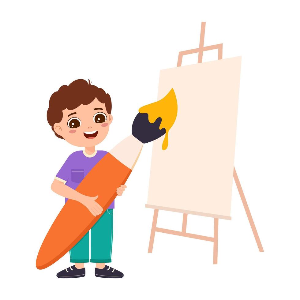 Little boy with paintbrush in his hands. Schoolchild character for art school. Child loves to paint with paints vector