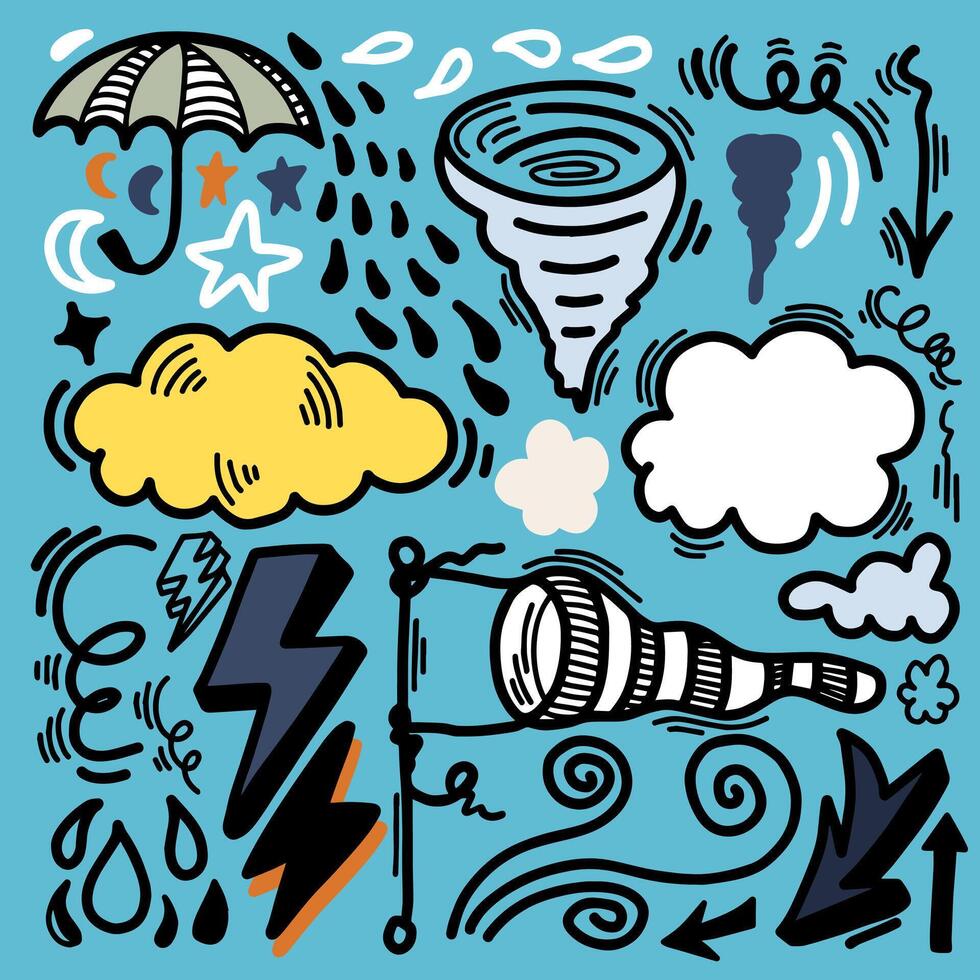 Cloud rain weather cartoon cute set. Cloud, thunderbolt, moon. Hand drawn doodle sketch style. Rainbow, wind, tornado doodle character. vector